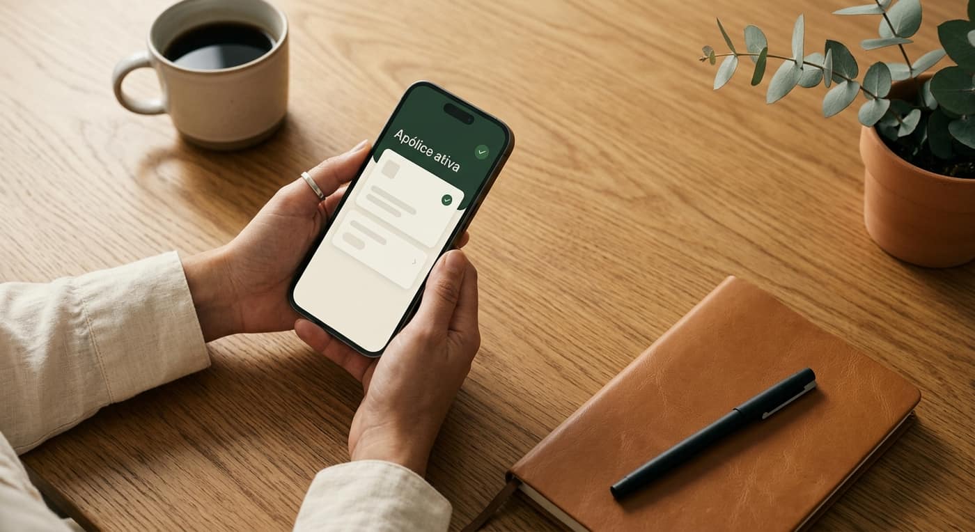 Mão segurando smartphone com aplicativo Ciclus aberto, mostrando apólice e acionamento de sinistro